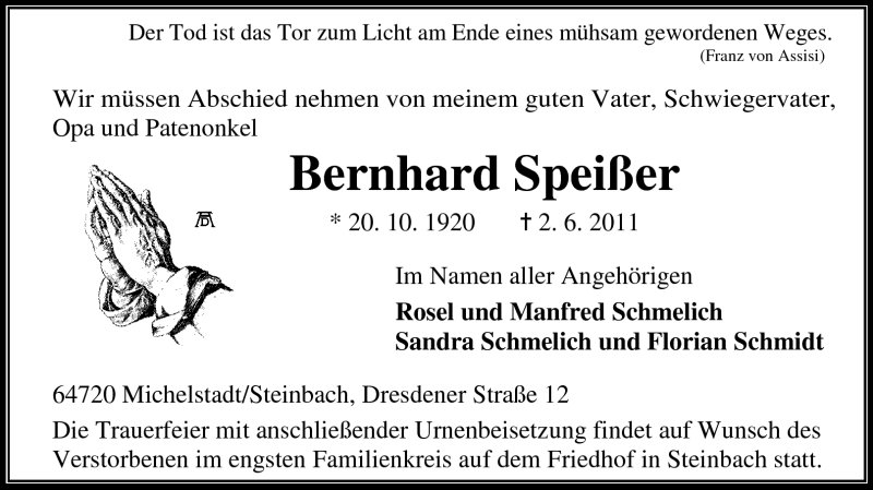  Traueranzeige für Bernhard Speißer  vom 06.06.2011 aus Odenwälder Echo
