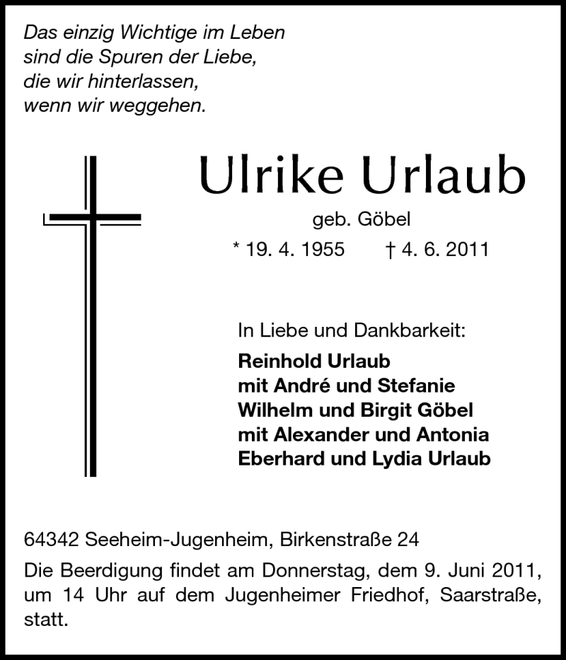  Traueranzeige für Ulrike Urlaub vom 06.06.2011 aus Echo-Zeitungen (Gesamtausgabe)