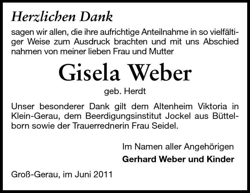  Traueranzeige für Gisela Weber vom 11.06.2011 aus Rüsselsheimer Echo, Groß-Gerauer-Echo, Ried Echo