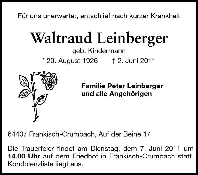  Traueranzeige für Waltraud Leinberger vom 07.06.2011 aus Odenwälder Echo