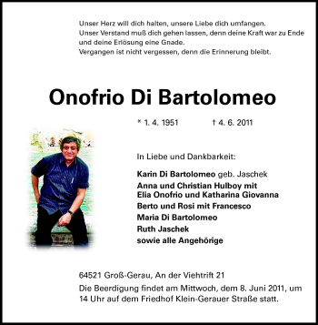 Traueranzeige von Onofrio di Bartolemeo von Rüsselsheimer Echo, Groß-Gerauer-Echo, Ried Echo