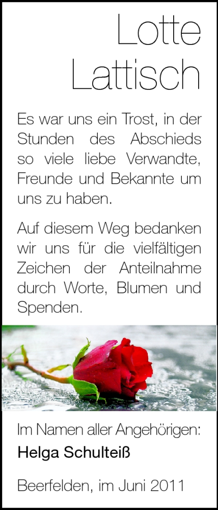  Traueranzeige für Lotte Lattisch vom 11.06.2011 aus Odenwälder Echo