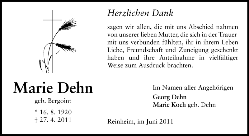  Traueranzeige für Marie Dehn vom 11.06.2011 aus Darmstädter Echo, Odenwälder Echo, Rüsselsheimer Echo, Groß-Gerauer-Echo, Ried Echo