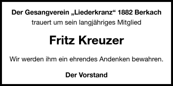 Traueranzeige von Fritz Kreuzer von Rüsselsheimer Echo, Groß-Gerauer-Echo, Ried Echo
