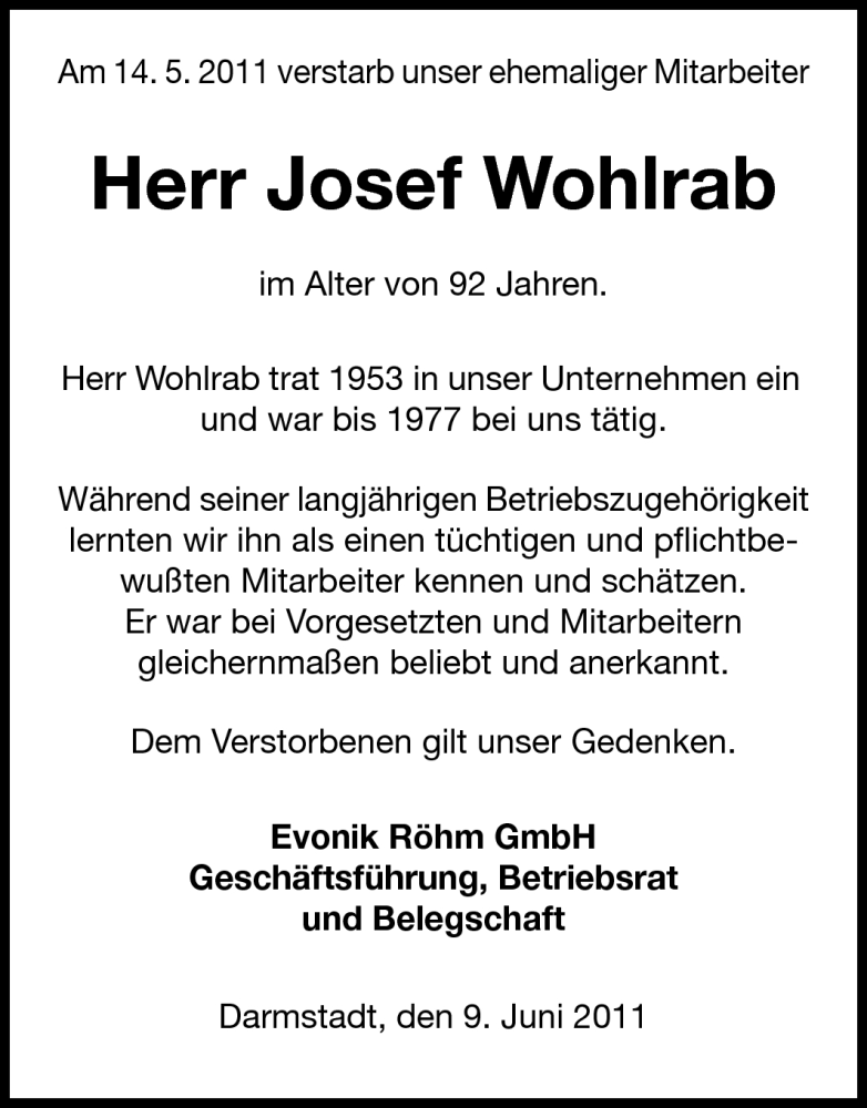  Traueranzeige für Josef Wohlrab vom 09.06.2011 aus Darmstädter Echo, Odenwälder Echo, Rüsselsheimer Echo, Groß-Gerauer-Echo, Ried Echo