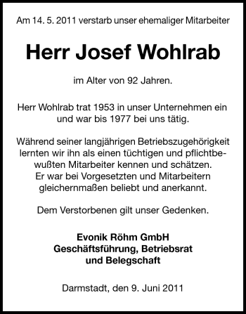 Traueranzeige von Josef Wohlrab von Darmstädter Echo, Odenwälder Echo, Rüsselsheimer Echo, Groß-Gerauer-Echo, Ried Echo