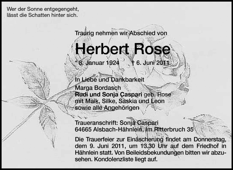  Traueranzeige für Herbert Rose vom 07.06.2011 aus Echo-Zeitungen (Gesamtausgabe)