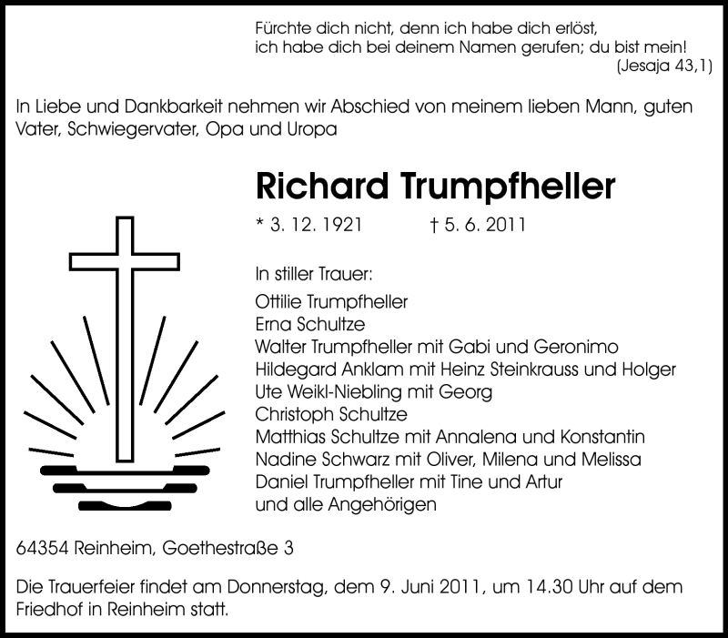  Traueranzeige für Richard Trumpfheller vom 07.06.2011 aus Echo-Zeitungen (Gesamtausgabe)