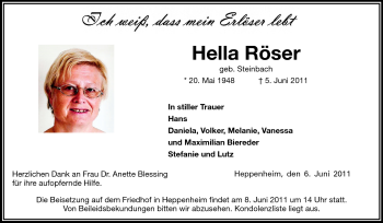 Traueranzeige von Hella Röser von Starkenburger Echo