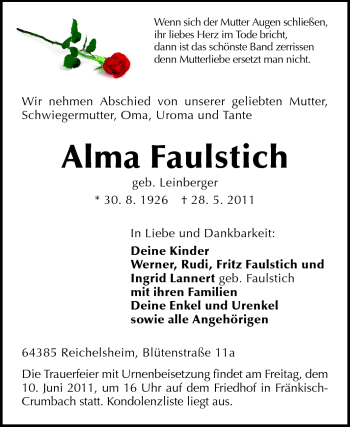 Traueranzeige von Alma Faulstich von Odenwälder Echo