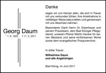 Traueranzeige von Georg Daum von Odenwälder Echo