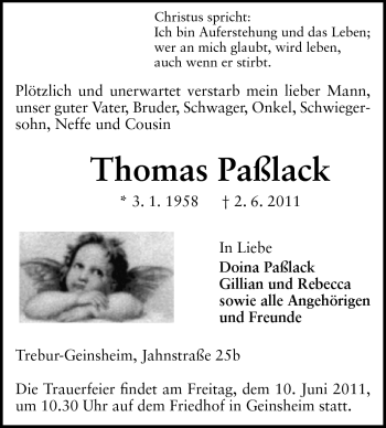 Traueranzeige von Thomas Paßlack von Rüsselsheimer Echo, Groß-Gerauer-Echo, Ried Echo