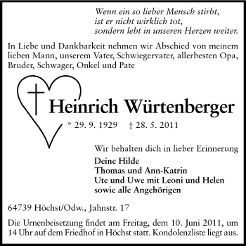 Traueranzeige von Heinrich Würtenberger von Odenwälder Echo