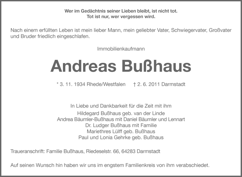  Traueranzeige für Andreas Bußhaus vom 11.06.2011 aus Darmstädter Echo, Odenwälder Echo, Rüsselsheimer Echo, Groß-Gerauer-Echo, Ried Echo