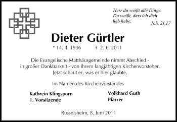 Traueranzeige von Dieter Gürtler von Rüsselsheimer Echo, Groß-Gerauer-Echo, Ried Echo