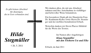 Traueranzeige von Hilde Stegmüller von Odenwälder Echo