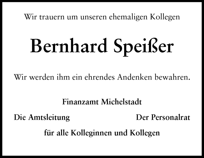  Traueranzeige für Bernhard Speißer  vom 09.06.2011 aus Odenwälder Echo