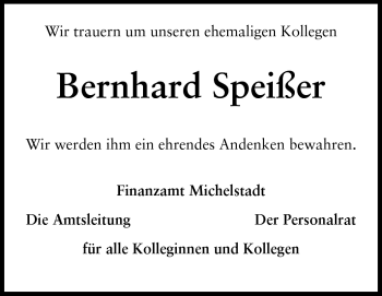 Traueranzeige von Bernhard Speißer  von Odenwälder Echo
