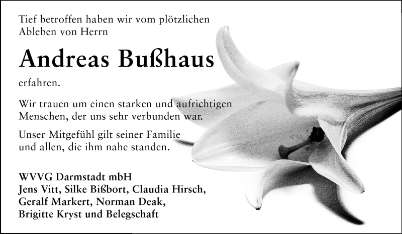  Traueranzeige für Andreas Bußhaus  vom 11.06.2011 aus Darmstädter Echo, Odenwälder Echo, Rüsselsheimer Echo, Groß-Gerauer-Echo, Ried Echo