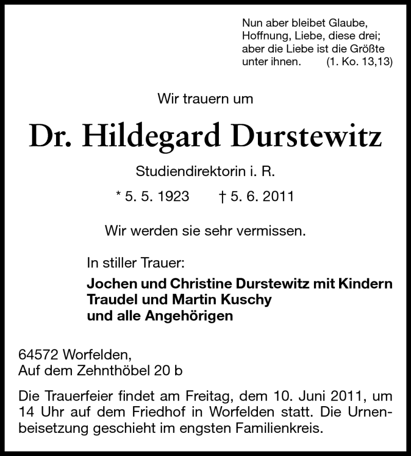  Traueranzeige für Hildegard Durstewitz vom 08.06.2011 aus Darmstädter Echo, Odenwälder Echo, Rüsselsheimer Echo, Groß-Gerauer-Echo, Ried Echo