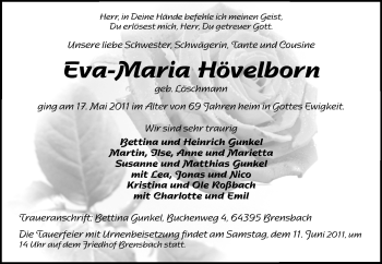 Traueranzeige von Eva-Maria Hövelborn von Echo-Zeitungen (Gesamtausgabe)