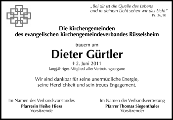 Traueranzeige von Dieter Gürtler von Rüsselsheimer Echo, Groß-Gerauer-Echo, Ried Echo