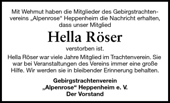 Traueranzeige von Hella Röser von Starkenburger Echo