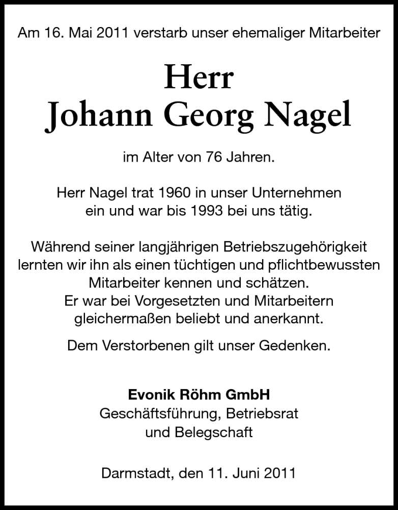  Traueranzeige für Johann Georg Nagel vom 11.06.2011 aus Echo-Zeitungen (Gesamtausgabe)