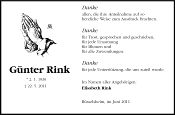 Traueranzeige von Günter Rink von Rüsselsheimer Echo, Groß-Gerauer-Echo, Ried Echo