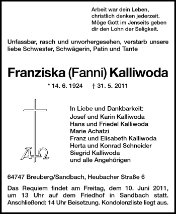 Traueranzeige von Franziska Kalliwoda von Odenwälder Echo