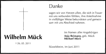 Traueranzeige von Wilhelm Mück von Rüsselsheimer Echo, Groß-Gerauer-Echo, Ried Echo