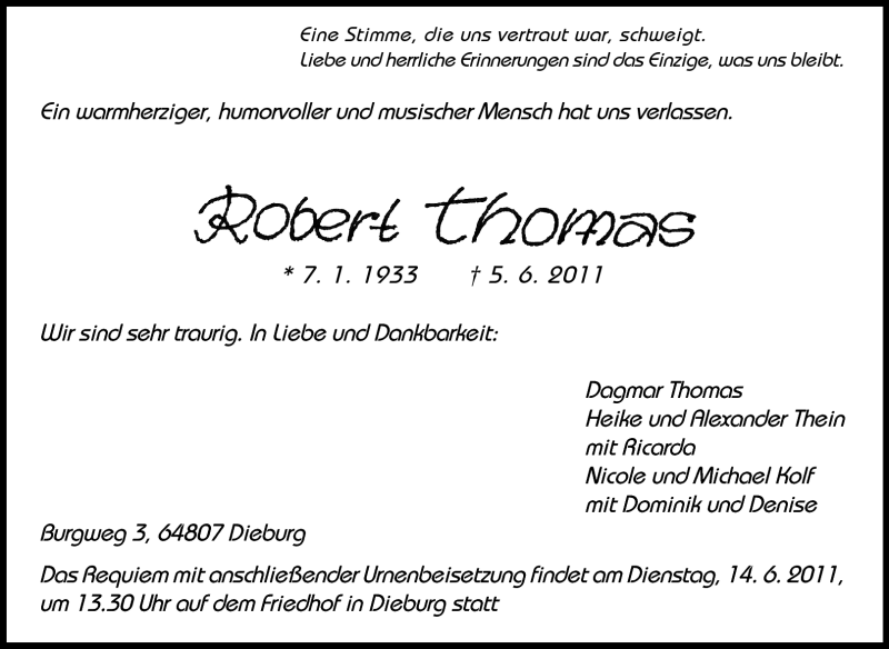  Traueranzeige für Robert Thomas vom 09.06.2011 aus Echo-Zeitungen (Gesamtausgabe)
