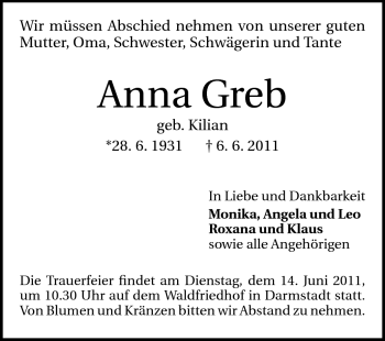 Traueranzeige von Anna Greb von Darmstädter Echo, Odenwälder Echo, Rüsselsheimer Echo, Groß-Gerauer-Echo, Ried Echo