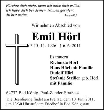 Traueranzeige von Emil Hörl von Odenwälder Echo