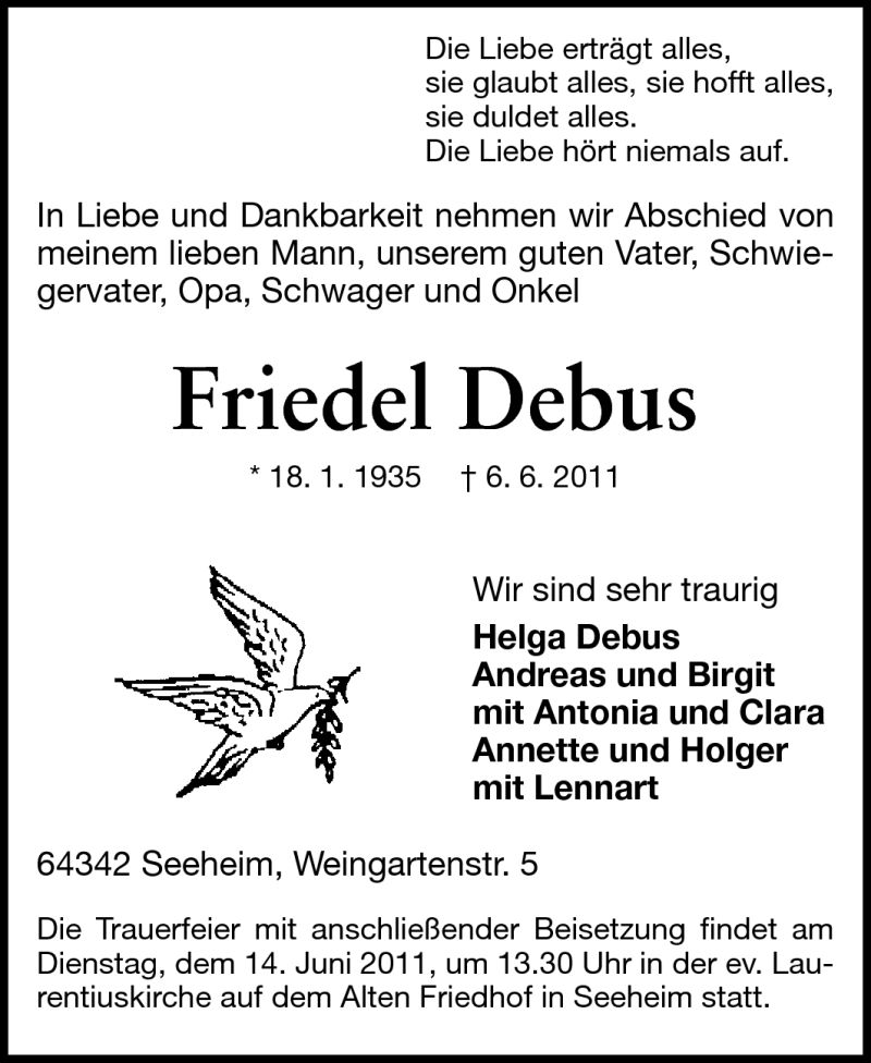  Traueranzeige für Friedel Debus vom 10.06.2011 aus Echo-Zeitungen (Gesamtausgabe)