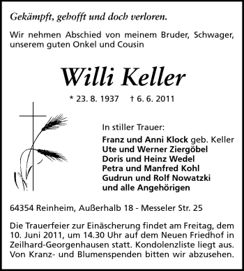 Traueranzeige von Willi Keller von Echo-Zeitungen (Gesamtausgabe)