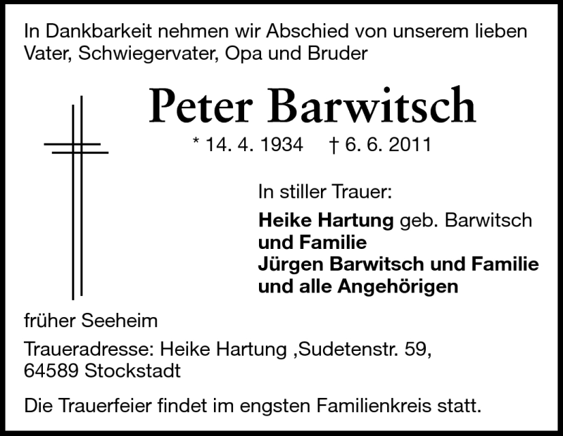  Traueranzeige für Peter Barwitsch vom 10.06.2011 aus Echo-Zeitungen (Gesamtausgabe)