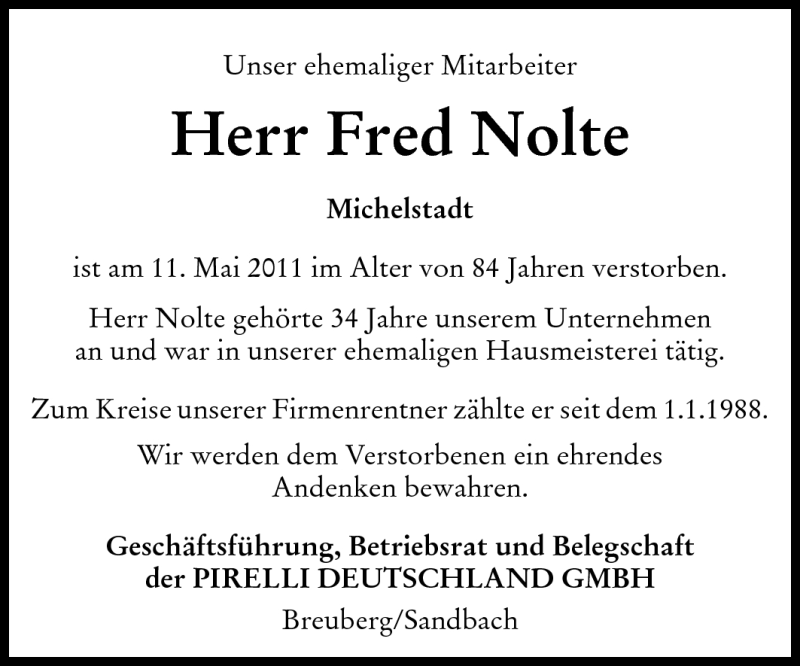  Traueranzeige für Fred Nolte vom 09.06.2011 aus Odenwälder Echo