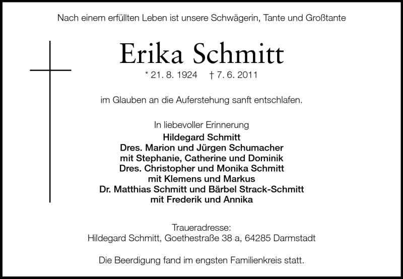  Traueranzeige für Erika Schmitt vom 25.06.2011 aus Echo-Zeitungen (Gesamtausgabe)