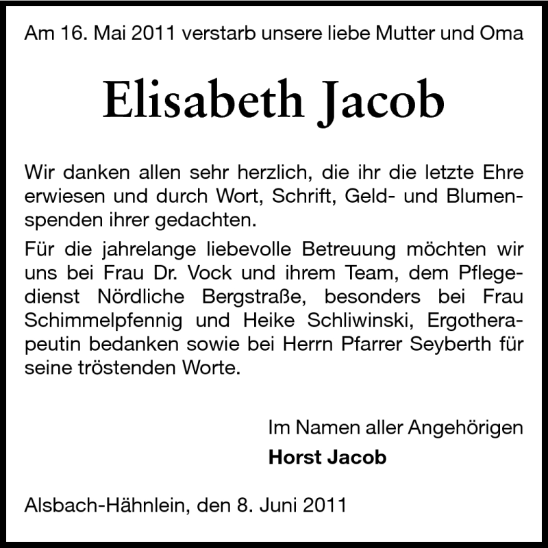 Traueranzeige für Elisabeth Jakob vom 11.06.2011 aus Echo-Zeitungen (Gesamtausgabe)