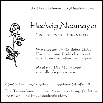 Traueranzeige von Hedwig Neumayer von Rüsselsheimer Echo, Groß-Gerauer-Echo, Ried Echo