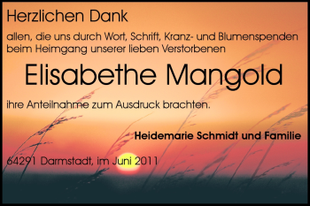 Traueranzeige von Elisabethe Mangold von Echo-Zeitungen (Gesamtausgabe)