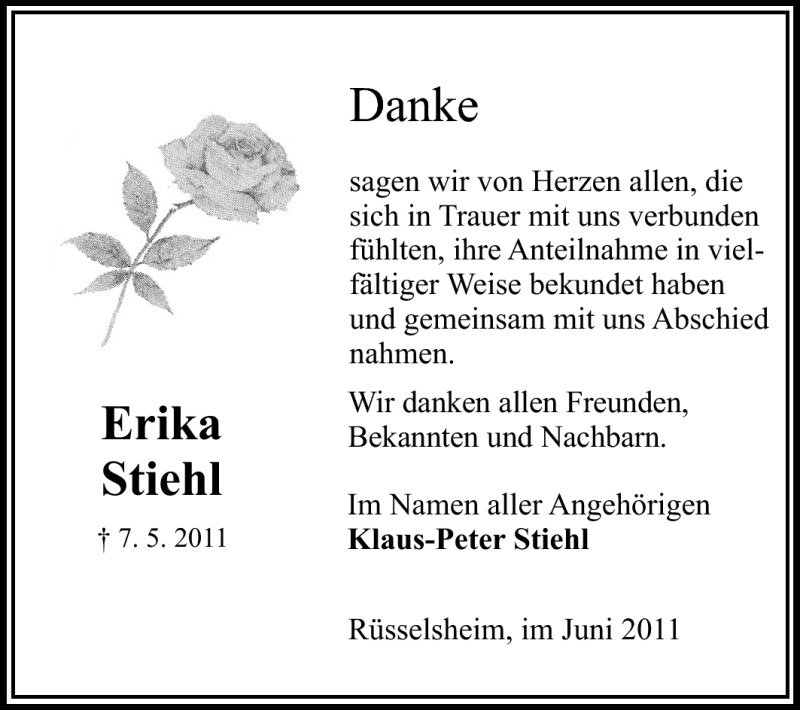  Traueranzeige für Erika Stiehl vom 11.06.2011 aus Rüsselsheimer Echo, Groß-Gerauer-Echo, Ried Echo