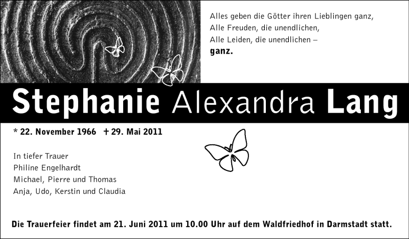  Traueranzeige für Stephanie Alexandra Lang vom 11.06.2011 aus Echo-Zeitungen (Gesamtausgabe)