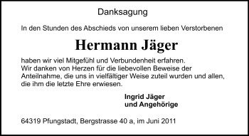 Traueranzeige von Hermann Jäger von Echo-Zeitungen (Gesamtausgabe)