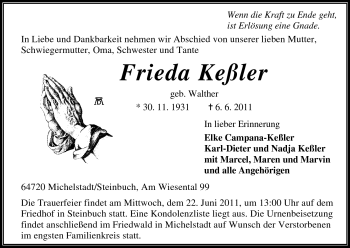 Traueranzeige von Frieda Keßler von Odenwälder Echo