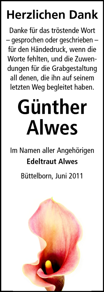  Traueranzeige für Günther Alwes vom 11.06.2011 aus Rüsselsheimer Echo, Groß-Gerauer-Echo, Ried Echo