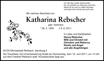 Traueranzeige von Katharina Rebscher von Odenwälder Echo