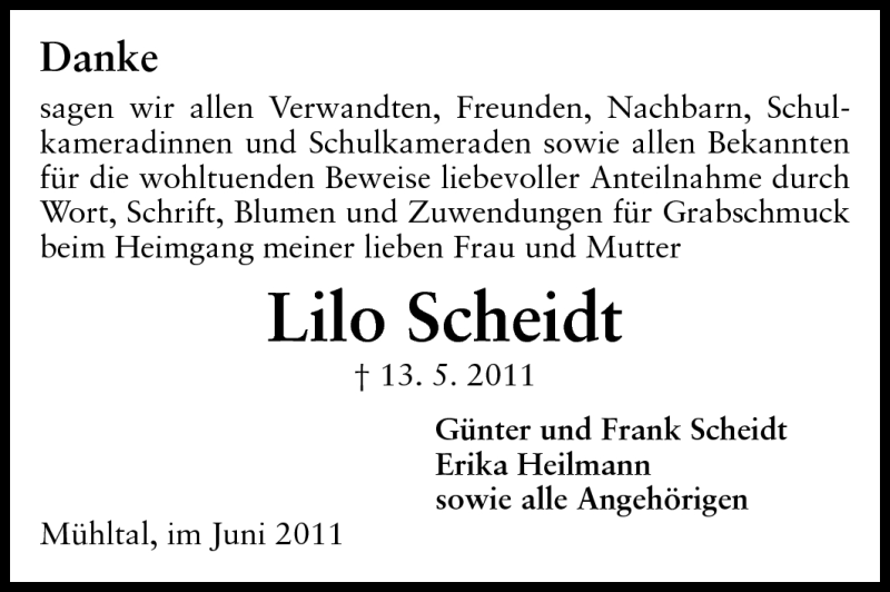  Traueranzeige für Lilo Scheidt vom 11.06.2011 aus Echo-Zeitungen (Gesamtausgabe)