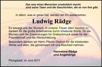 Traueranzeige von Ludwig Rädge von Echo-Zeitungen (Gesamtausgabe)